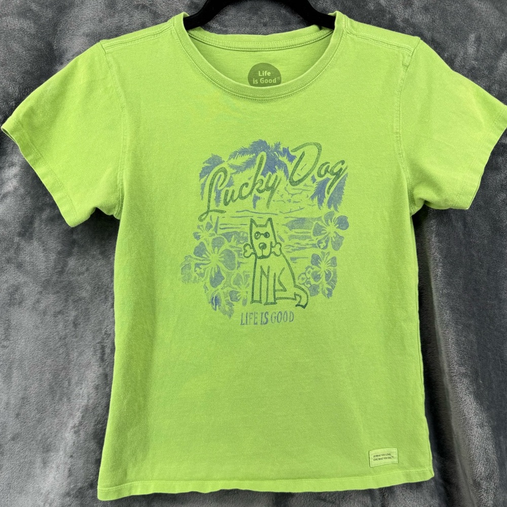 Life is Good Crew Neck Green Lucky Dog Hibiscus Tropical Short Sleeve Shirt XS